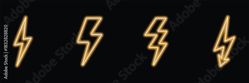 Set of Four Neon Yellow Lightning Bolt Vector Icons, Glowing Electric Power and Energy Symbols on Dark Background
