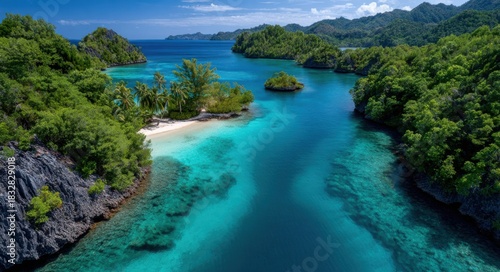 Fototapeta Naklejka Na Ścianę i Meble -  aerial view of ripa island in the western papua province, featuring turquoise waters and multiple islands with lush greenery.