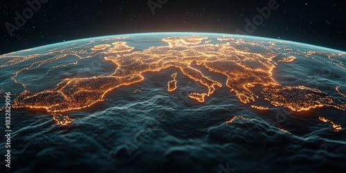 Curved blue Earth surface with bright golden urban lights illuminating continents from dark cosmic space. Global network spreads, creating a connected virtual world of future technology.