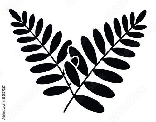 Two stylized black branches with oval leaves create a symmetrical V shape, perfect for nature themes, organic branding, and elegant decorative accents in graphic projects.