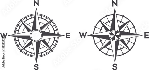 Detailed black and white vector set of vintage compass rose icons for navigation, travel, adventure, direction, and geographical map concepts