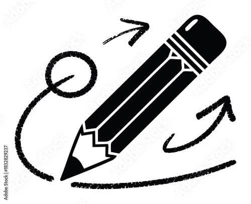 Black pencil with circling arrows and scribbled lines symbolizing planning, drawing, and idea development for creative projects and educational purposes.
