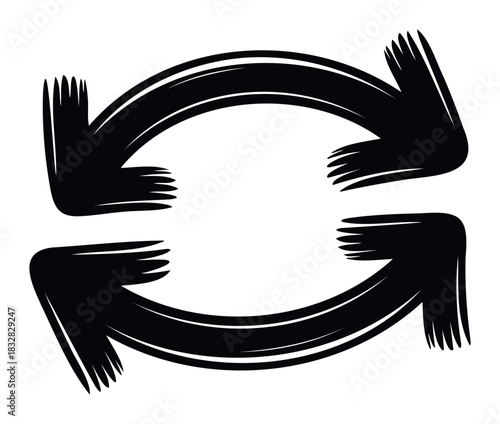 Circular arrow graphic symbolizing refresh, recycle, loop, and reload actions for web, app, and informational graphics, representing continuous process and repetition with a bold, handdrawn