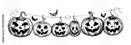 Spooky hand drawn pumpkins with bats hang on a string for Halloween celebration, perfect for festive invitations and decorations