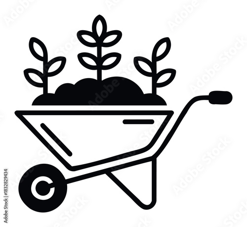 Gardening icon representing a wheelbarrow filled with soil and young plants, perfect for agriculture and horticulture concepts.