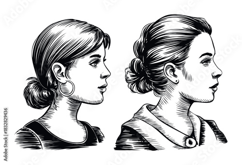 Vintage style engraving portraits of two women in profile showing different hairstyles and attire suitable for classic media projects