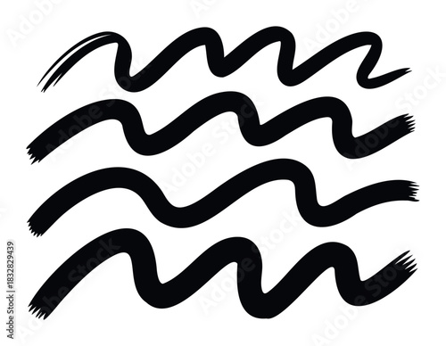 Black brush stroke waves representing movement and energy ideal for graphic overlays and abstract backgrounds in web and print media projects
