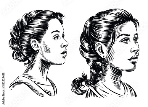 Two black and white profile portraits of young women with different hairstyles and earrings, perfect for editorial use, beauty content, or graphic resources.