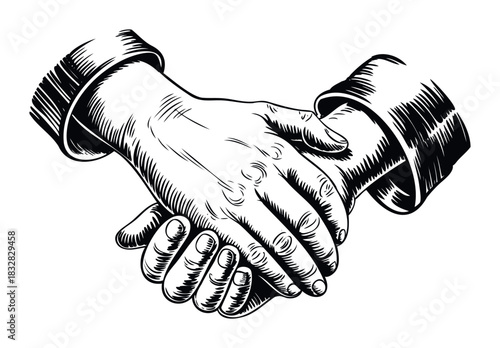 Black and white engraving of two hands shaking in agreement or partnership, symbolizing trust and collaboration, perfect for business or alliance themes.