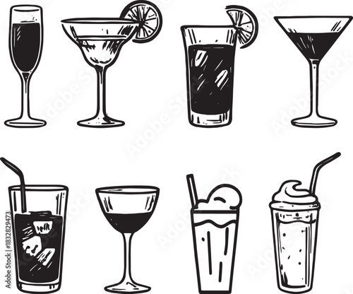 Collection of Hand-Drawn Cocktail and Beverage Glasses