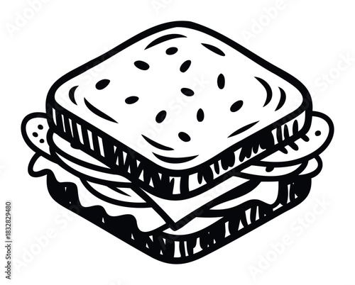 Hand drawn black and white sketch of a delicious sandwich with multiple layers of fillings and toppings, perfect for food blogs and restaurant menus.