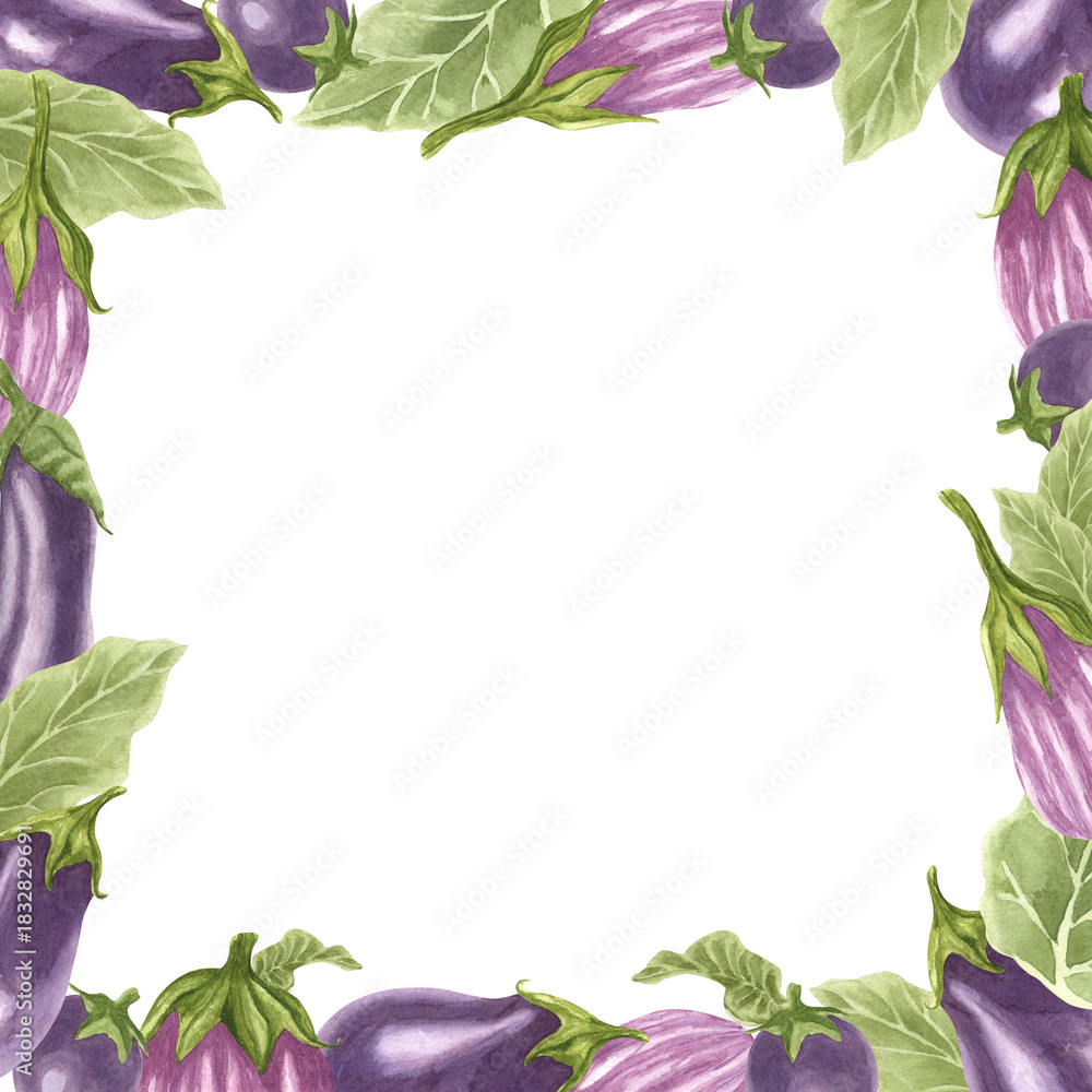 Fototapeta premium Colorful eggplant border design featuring vibrant purple and green elements for fresh produce marketing