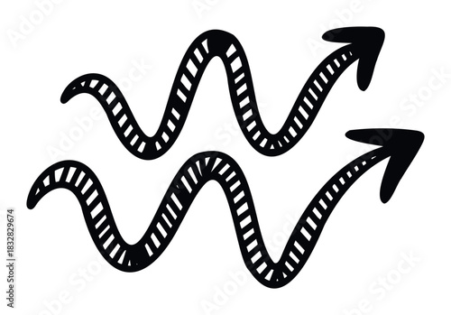 Two wavy black arrows with diagonal stripes moving upwards and to the right, suitable for representing progress, growth, or directional movement in business or conceptual projects.