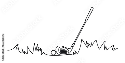 One line drawing of a golf club with a ball resting on the grass, perfect for sports and recreation themes.