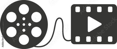 Film reel connecting to modern digital video player icon: a vector symbol representing cinema, movie, media production, streaming, and entertainment concepts