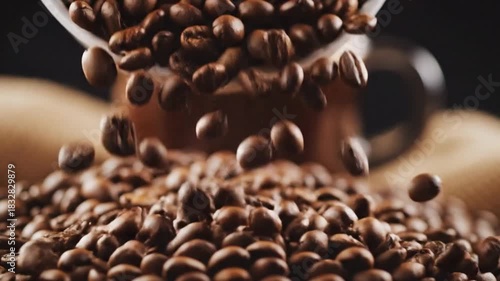 Close up of roasted coffee bean cascade falling into a pile with shallow depth of field