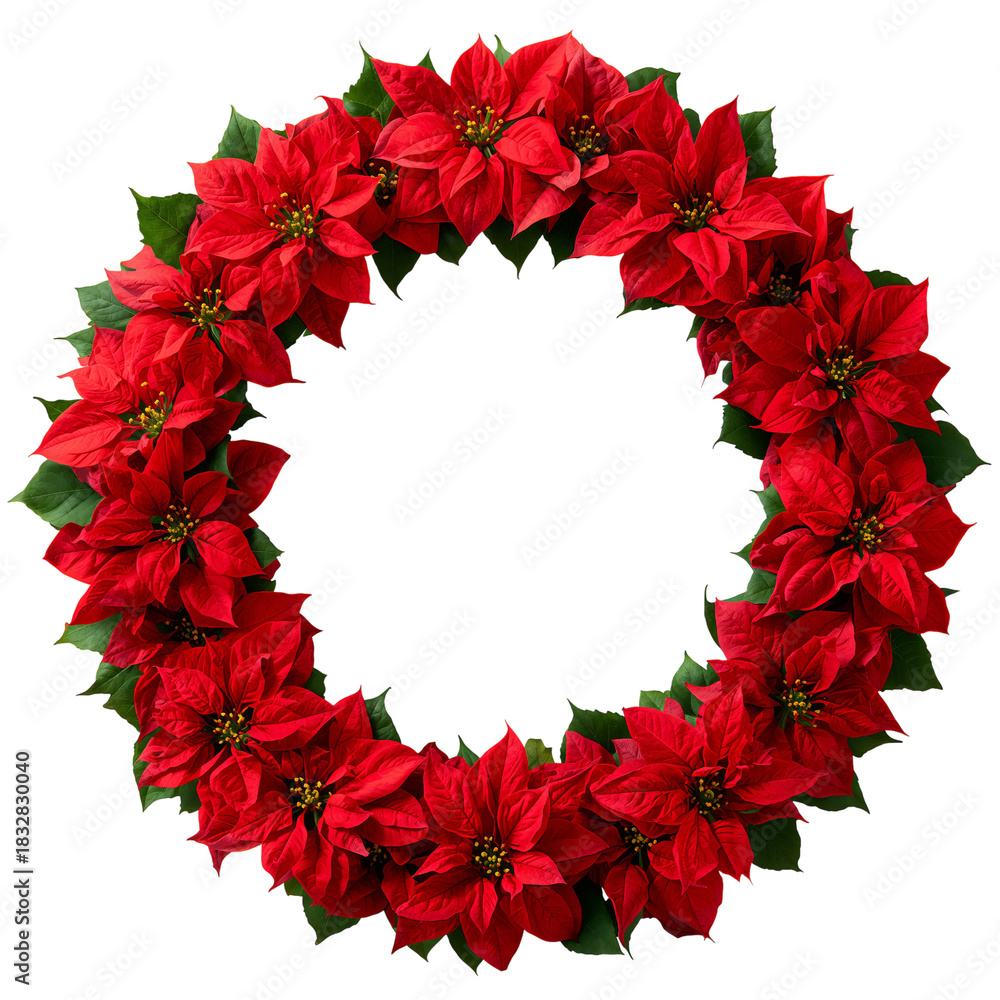 Obraz premium Bright Red Poinsettia Wreath Perfect for Holiday Decorations and Celebrations