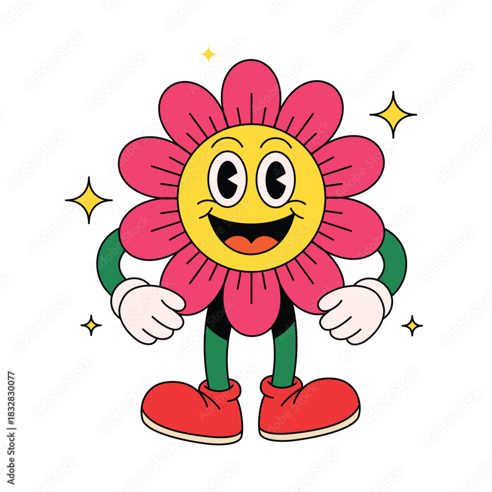 Fototapeta premium Cheerful groovy flower cartoon mascot with a smiling face, Retro Mascot Design in 70s Psychedelic Style Vector Illustration