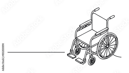 Detailed line drawing of a wheelchair presented in isometric perspective, perfect for use in medical or accessibility related visual projects and resources.
