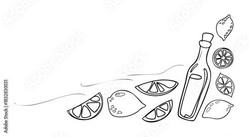 Hand drawn outline of a bottle and lemons with slices scattered, perfect for summer beverage and food related concepts