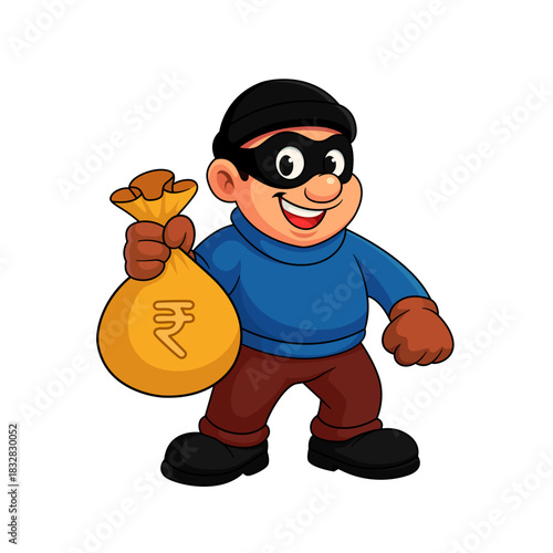 Smiling Cartoon Thief Holding a Bag of Money with Indian Rupee Symbol, ideal for security, scams, banking, illegal activities, or business risks.