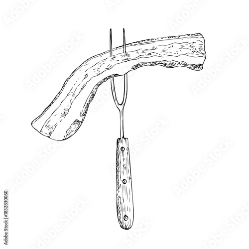 Vector bacon strip on meat fork. Graphic ink kitchen tool illustration for barbecue, isolated on background. Hand drawn line sketch. For designers, prints, logo, icon, menu, postcards, holiday, covers