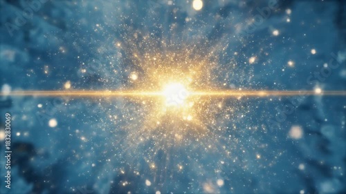 黄金のフレアが氷のような青背景に力強く炸裂し、無数の雪粒子が漂う幻想的な映像です。
冷たさと輝きが同時に広がり、冬の祝祭感や季節演出に最適なビジュアルを表現できます。