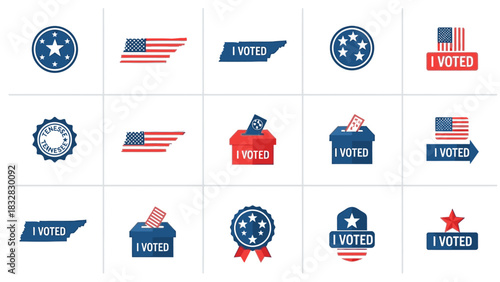 A collection of flat design vector icons representing voting, elections, and civic duty, featuring 'I Voted' badges, ballot boxes, American flag elements, and the state of Tennessee.