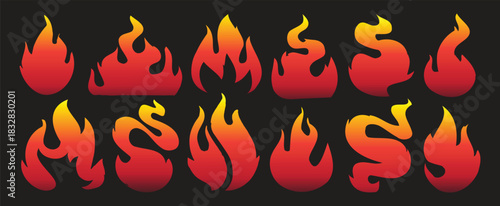 Collection of vibrant red and yellow flame icons in bold stylized shapes. Dynamic fire symbols designed for decoration, labels, and graphic projects. Perfect for energy themes, hot effects,