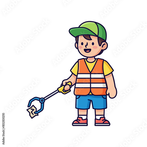 Cartoon Boy in Safety Vest Picking Up Trash with a Grabber Tool.