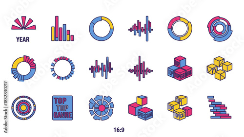 A diverse collection of abstract vector graphics featuring data visualization charts, graphs, waveforms, and isometric cube designs in a modern style.