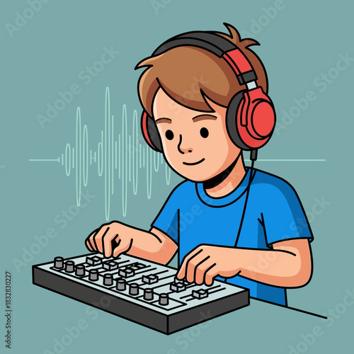 Cartoon boy with red headphones focused on operating a small audio mixing console.