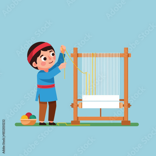 Cartoon boy with a red headband in a blue tunic weaving on a traditional wooden handloom.