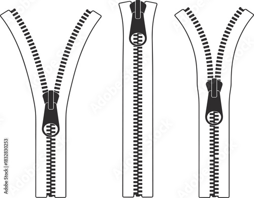 Black and white vector illustration set of zipper design elements showing open, closed, and partially zipped positions for clothing and textile graphics