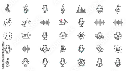 A collection of various line art icons representing music, sound, audio recording, and digital technology concepts on a white background.