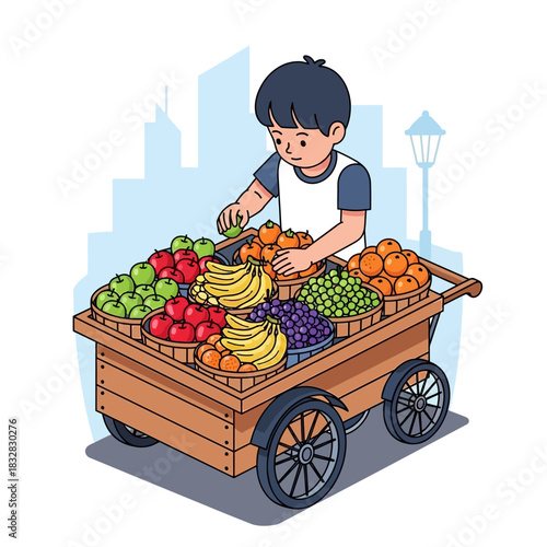 Cartoon illustration of a young boy vendor arranging fresh, colorful fruits on his wooden market cart.