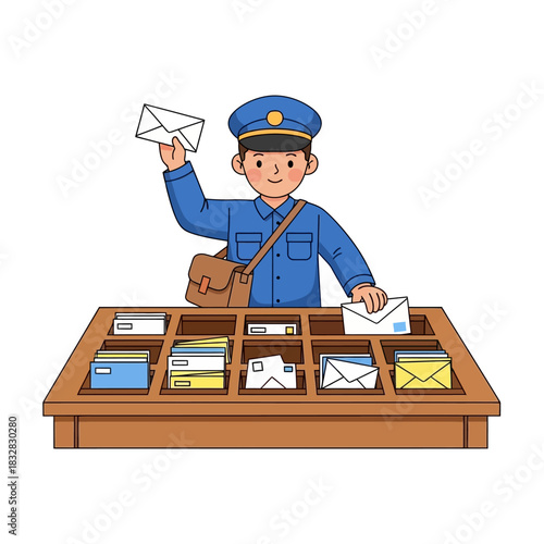 Cartoon postman in a blue uniform and cap sorting letters at a wooden desk.