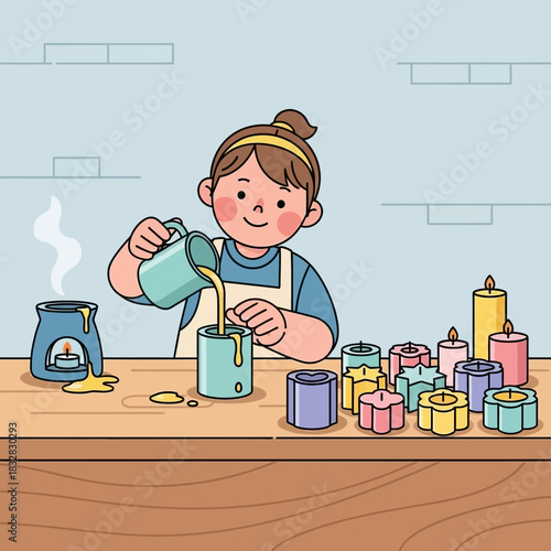 Cartoon woman pouring wax into molds, crafting colorful handmade candles with a warm smile.
