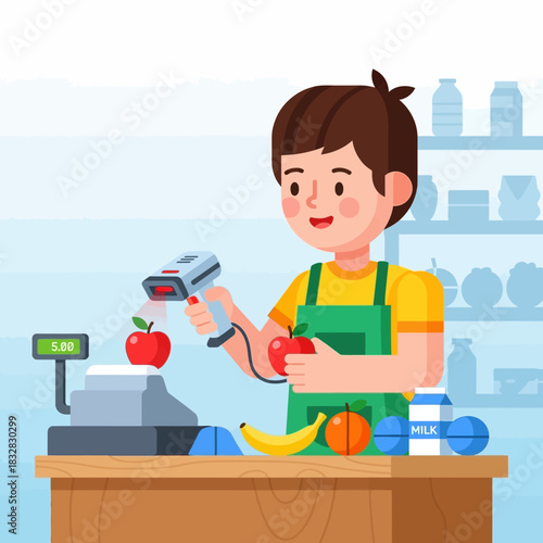 Cheerful Cartoon Cashier Scanning Apple with Handheld Barcode Scanner at Checkout Counter.