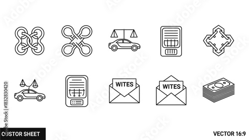 Collection of line icons representing legal, financial, and communication concepts, including abstract shapes, car scales, documents, envelopes, and money.
