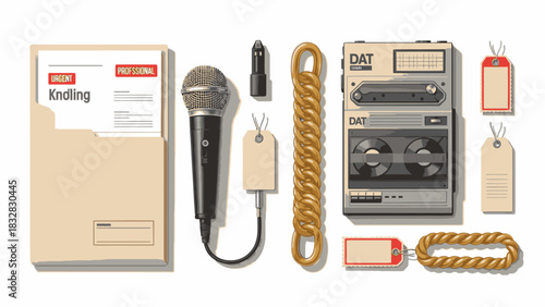 Various vintage and modern recording equipment, office supplies, and miscellaneous objects including a DAT recorder, microphone, envelope, and ropes.