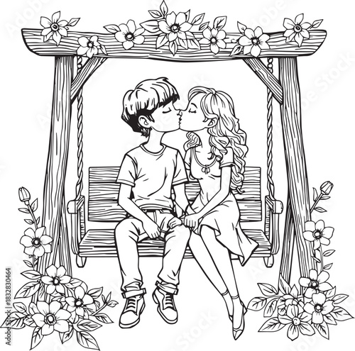 Romantic Kiss: A couple shares a tender kiss on a charming swing, surrounded by floral blossoms, celebrating their connection and affection.