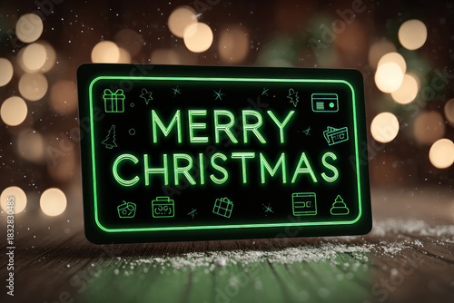 Green neon sign displaying merry christmas with festive bokeh lights