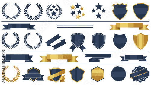 A collection of graphic elements featuring laurel wreaths, stars, ribbons, and shields in blue and gold, suitable for awards, emblems, and badges.
