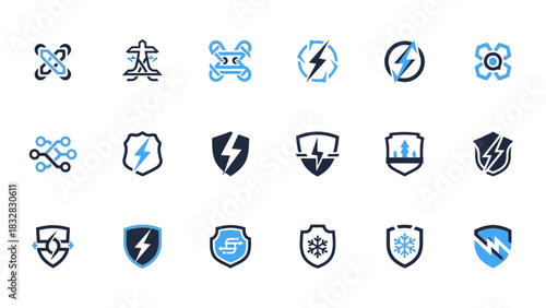 A collection of blue and dark grey technology and security-themed icons, featuring shields, lightning bolts, drones, and network symbols.