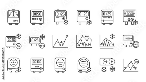 A collection of line icons depicting various measurement devices, digital displays, data graphs, and symbols related to temperature control and refrigeration.