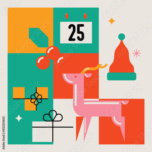 Bright Color Merry Christmas Modern Minimalist Geometric Design with Santa Hat, Reindeer, Decorations and Gifts. Vector Illustration.