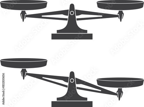 Silhouette vector icon set showing two different traditional balance scales for concepts of equality, comparison, justice, and weight measurement isolated on white background