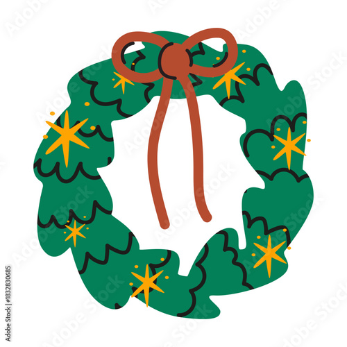 Cute Christmas door green wreath in cartoon doodle style. Festive wreath with bow ribbon for winter holiday decoration. Xmas holiday element. Seasonal vector illustration
