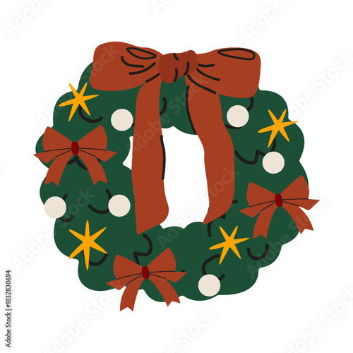Cute Christmas door green wreath in cartoon doodle style. Festive wreath with bow ribbon for winter holiday decoration. Xmas holiday element. Seasonal vector illustration